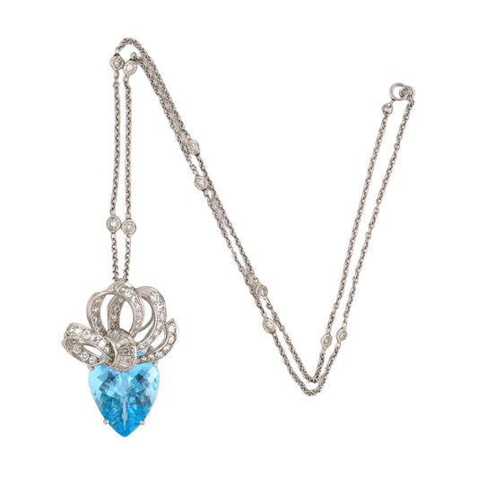 Blue Topaz & Diamond Ribbon Bow Pendant Necklace