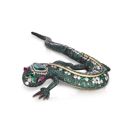 Cicada Emerald, Diamond & Ruby Lizard Brooch