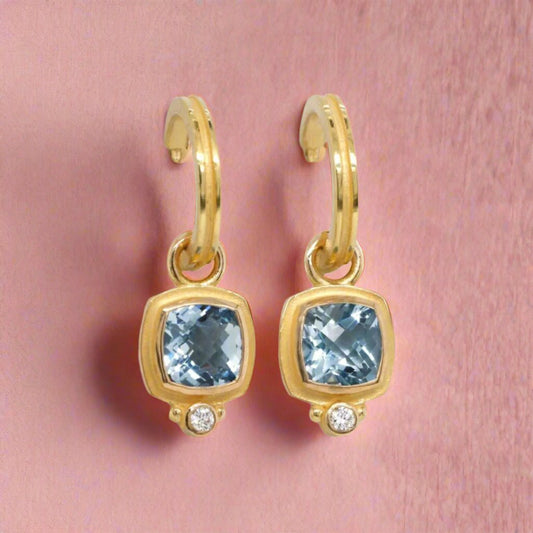 Cushion-Cut Aquamarine & Diamond Drop Hoop Earrings