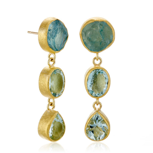 Rough Aquamarine Triple Station Earrings