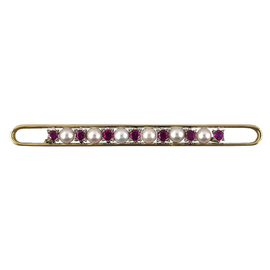 Estate Gold Ruby Pearl Enlongated Open Bar Pin