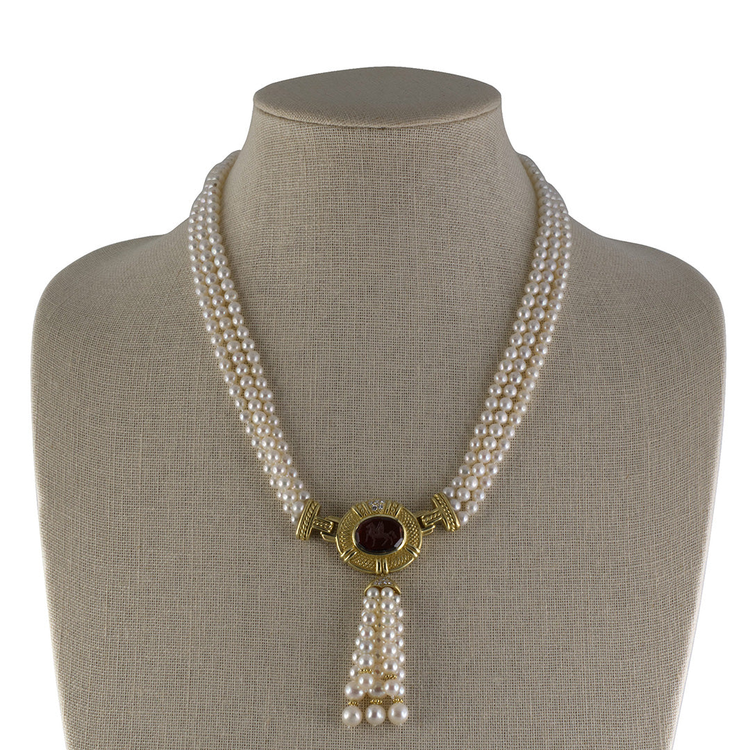 Judith Ripka Garnet Intaglio 3-Strand Pearl Necklace