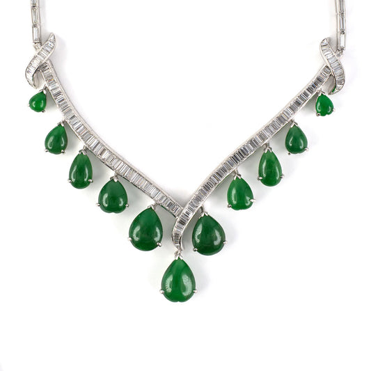 Estate Diamond & Jadeite Tapered 'V' Festoon Necklace