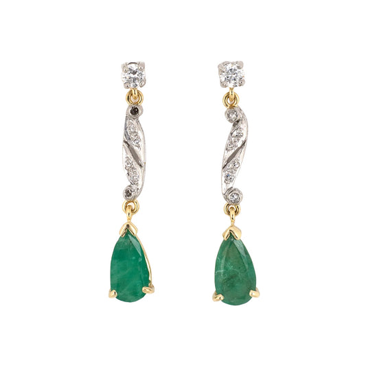 Platinum Gold Diamond Emerald Dangle Drop Earrings