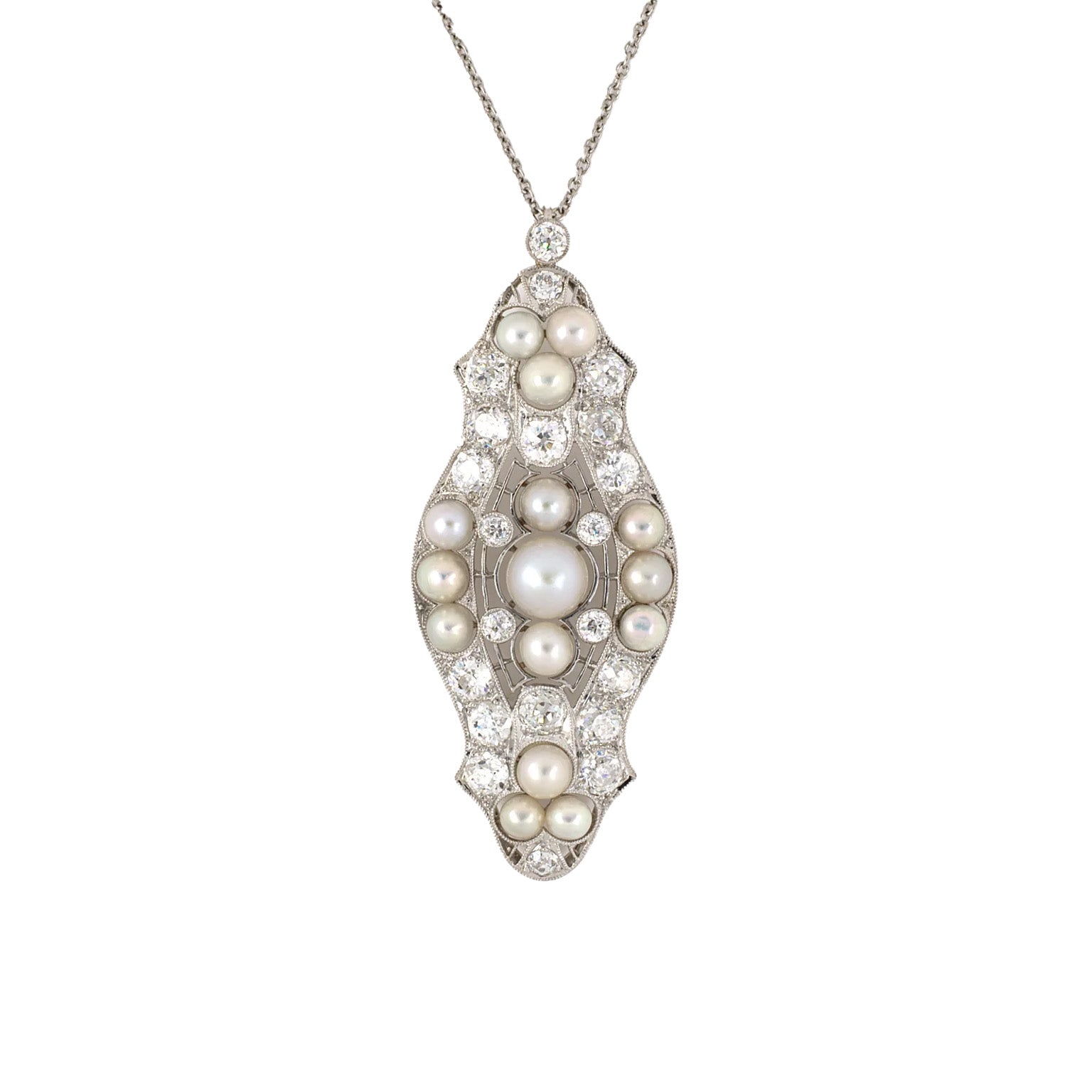 Estate Natural Pearl & Diamond Filigree Pendant Necklace
