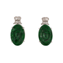 Estate Art Deco Green Jadeite & Diamond Floral Earrings