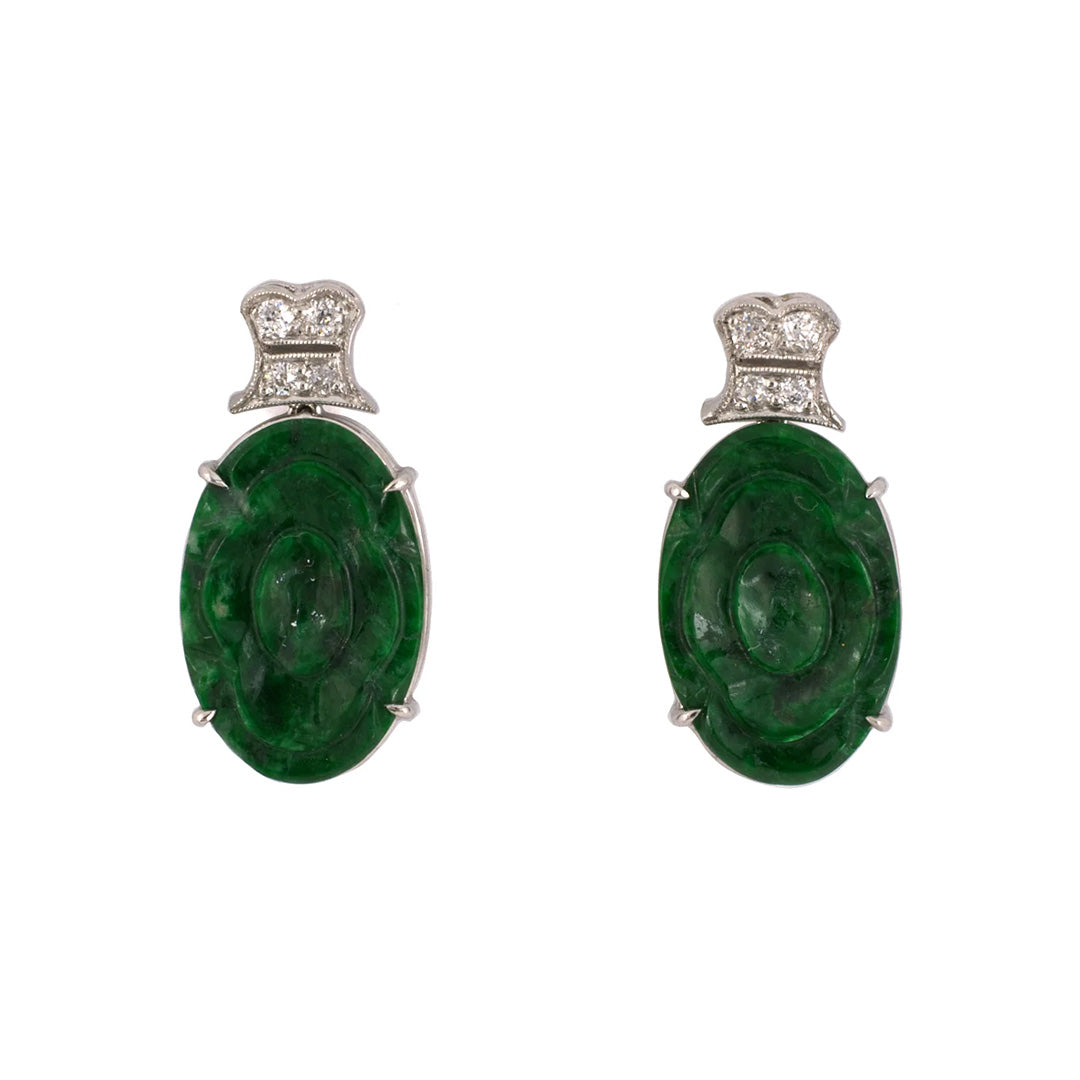 Estate Art Deco Green Jadeite & Diamond Floral Earrings