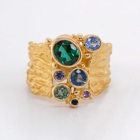 Green Tourmaline & Multi-Color Sapphire Seaweed Ring