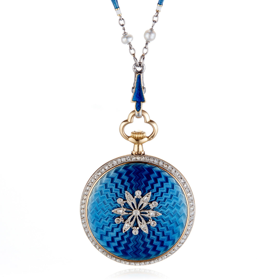 Estate Art Nouveau Diamond & Enamel Watch Pendant Necklace