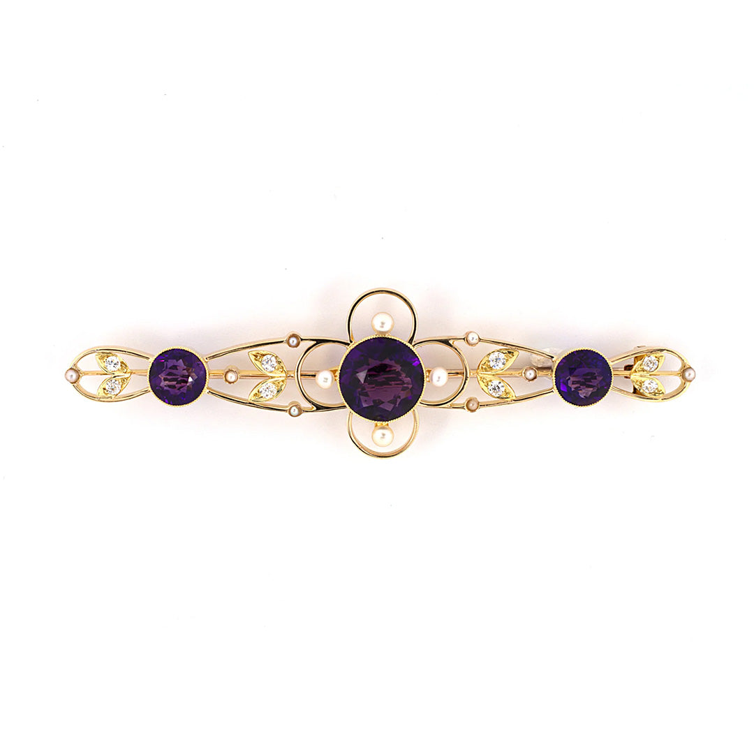Estate Victorian Amethyst, Diamond & Pearl Scroll Floral Bar Pin