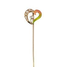 Estate Victorian Half Pearl & Enamel Bleeding Heart Stick Pin