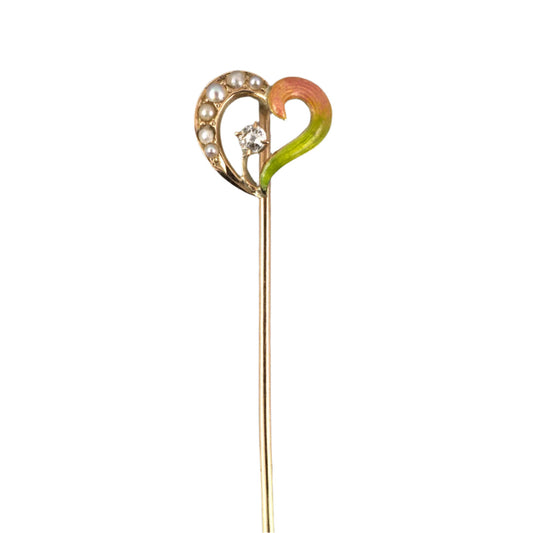 Estate Victorian Half Pearl & Enamel Bleeding Heart Stick Pin