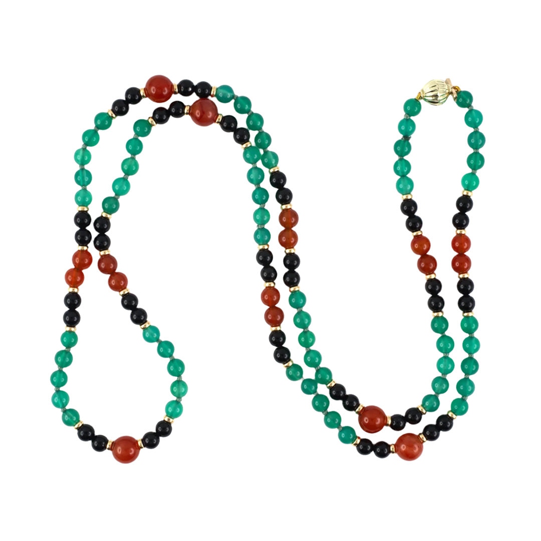 Estate Art Deco Green/Black Onyx & Carnelian Bead Necklace