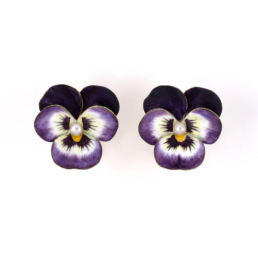 Estate Victorian A. J. Hedges & Co Pearl & Enamel Pansy Earrings