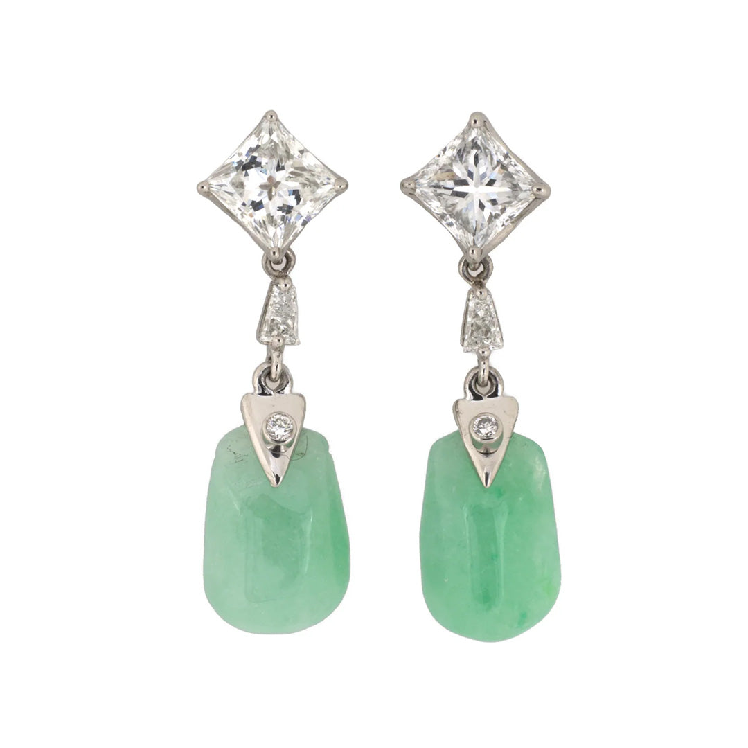 Estate Diamond & Green Jadeite Briolette Dangle Drop Earrings