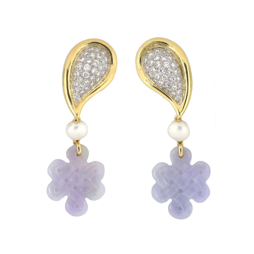 Estate Diamond, Pearl & Lavender Jadeite Eternity Knot Drop Earrings