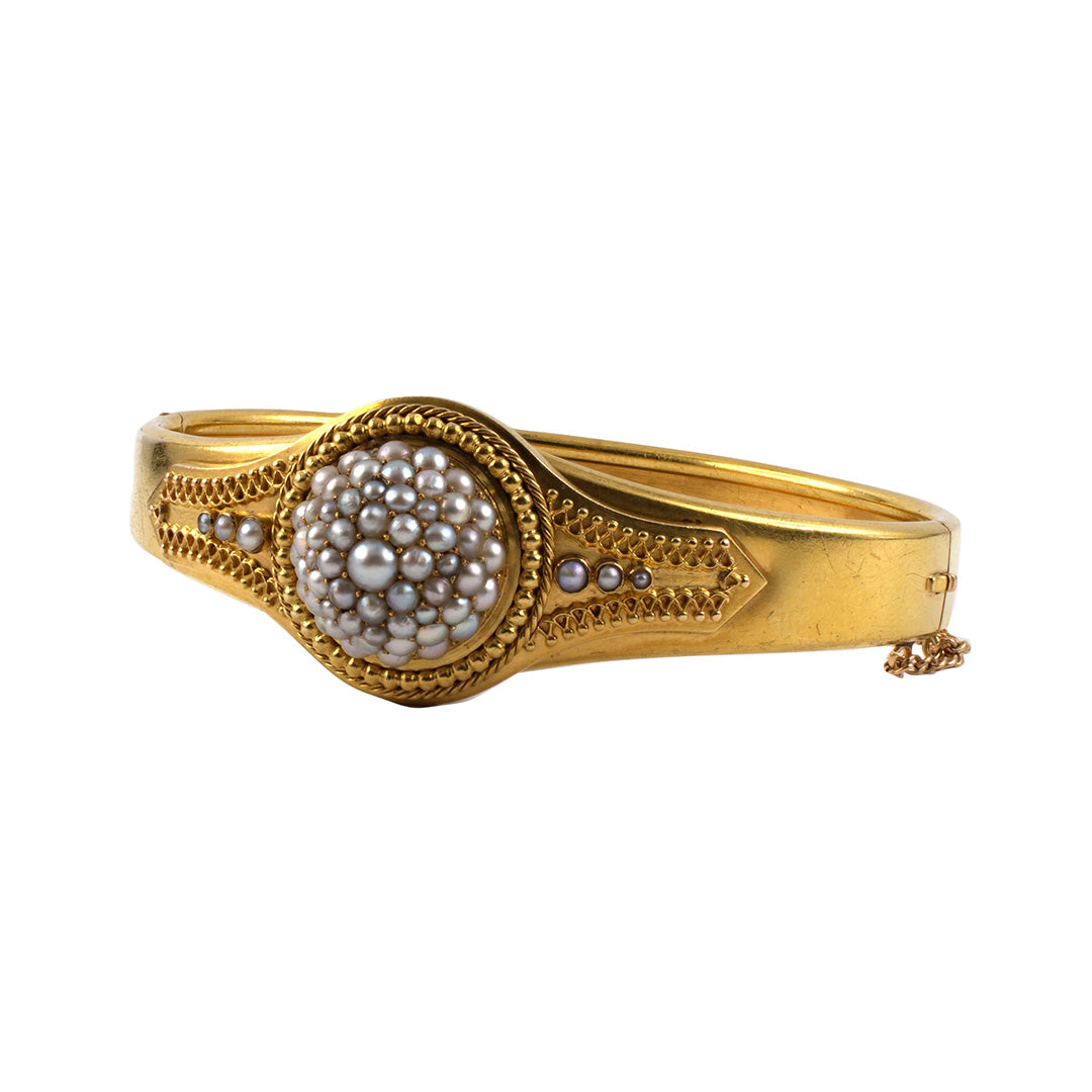 Estate Victorian Etruscan-Revival 1/2-Pearl Hinged Bangle Bracelet