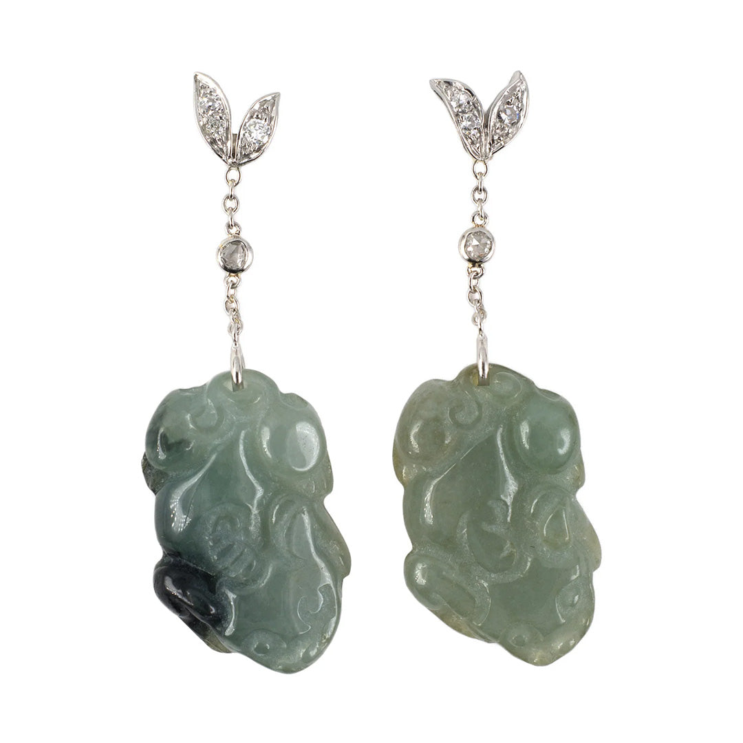 Estate Green Jadeite Frog & Diamond Dangle Drop Earrings