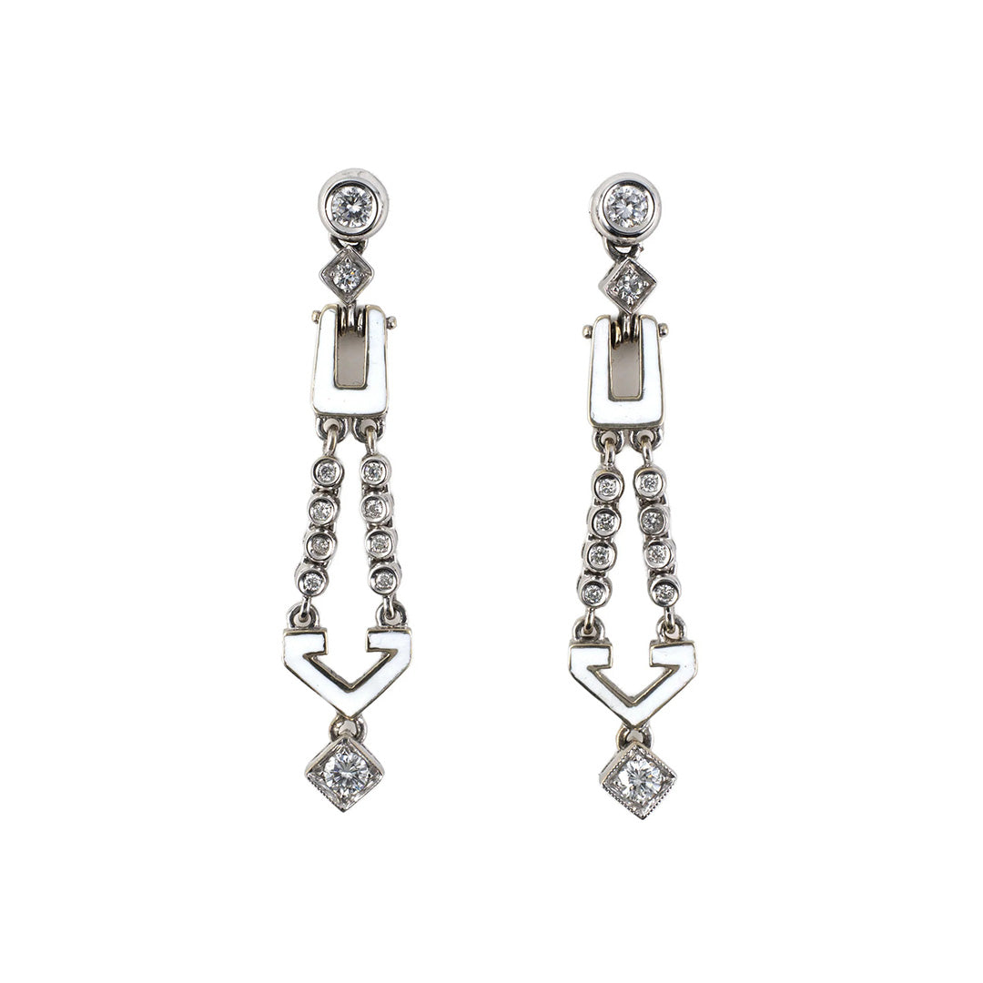 Estate Diamond & Enamel Geometric Dangle Drop Earrings