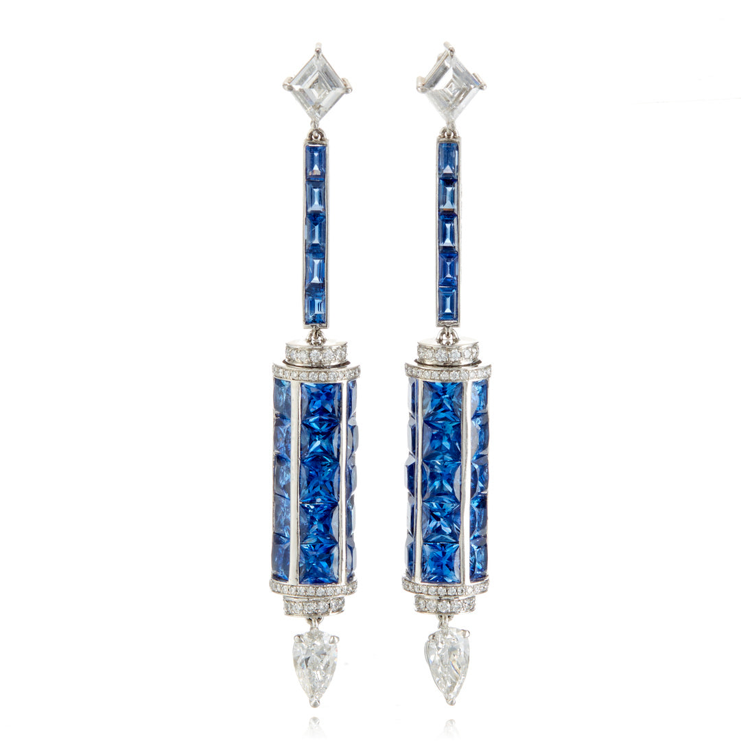 Cicada Sapphire & Diamond Long Barrel Earrings