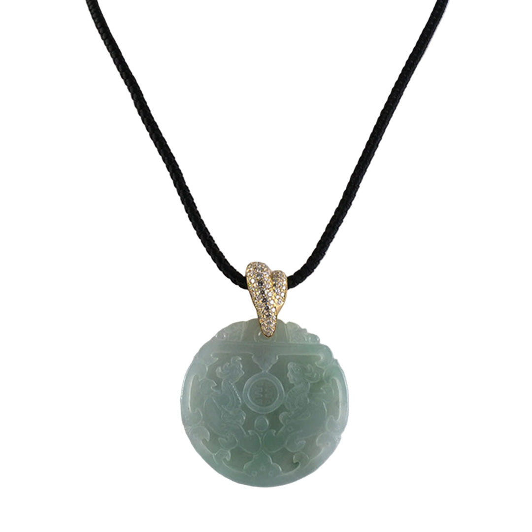 Estate Jadeite Dragon & Phoenix Disc Pendant Necklace
