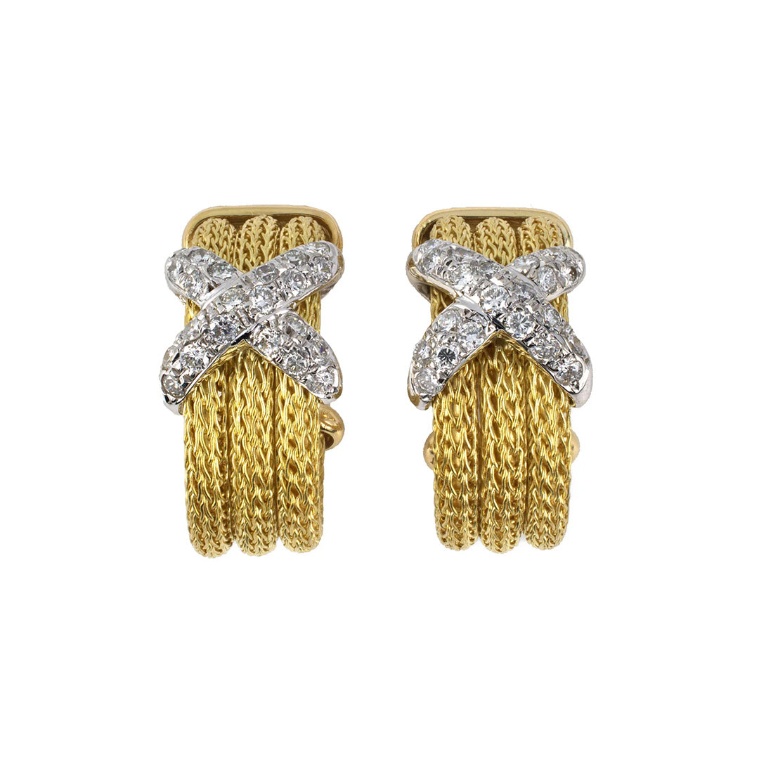 Estate Diamond "X" 3-Row Rope Hoop Earrings