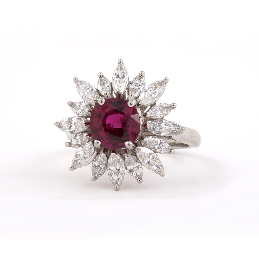 Estate Albert Pujol Ruby & Diamond Sunburst Ring