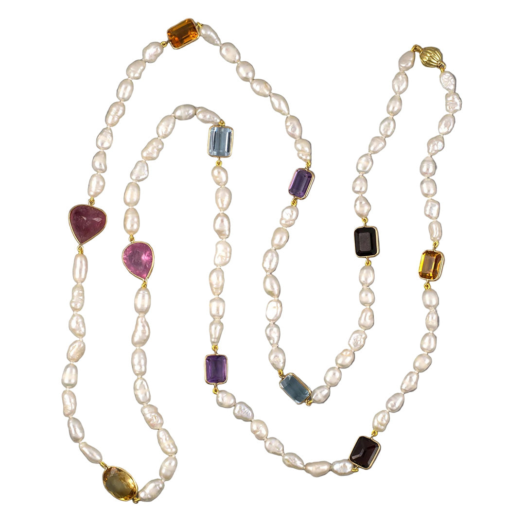 Estate Baroque Pearl & Multi-Color Gemstone Necklace