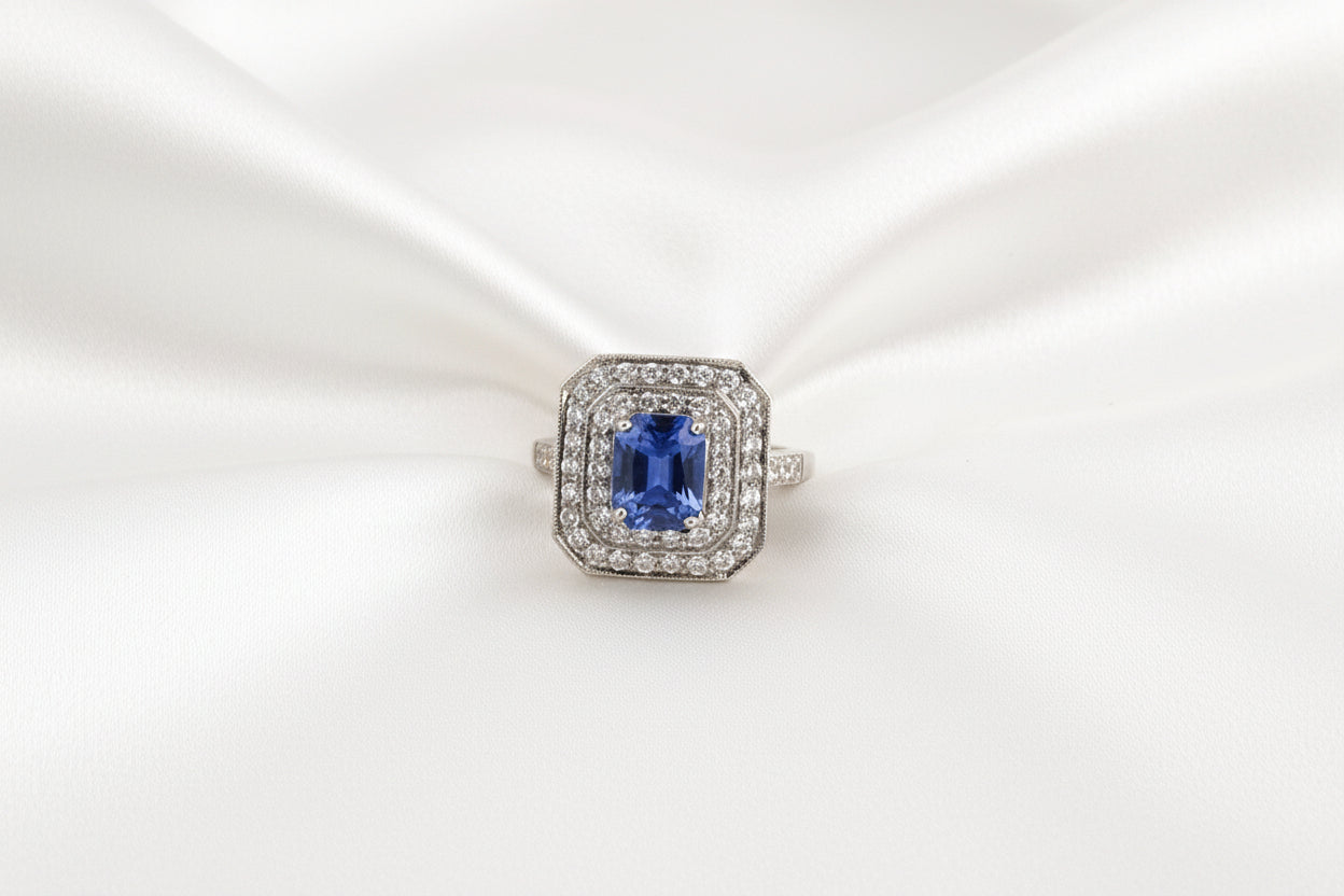 Estate Art Deco Sapphire & Diamond Tiered Square Ring