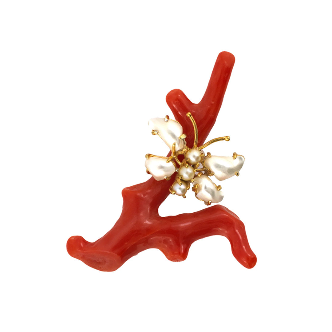 Estate Coral Branch & Pearl Butterfly Pin