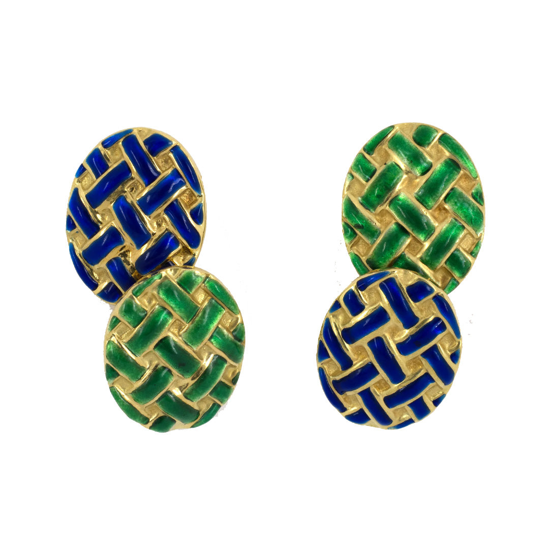 Estate Blue & Green Enamel Woven Cuff Links