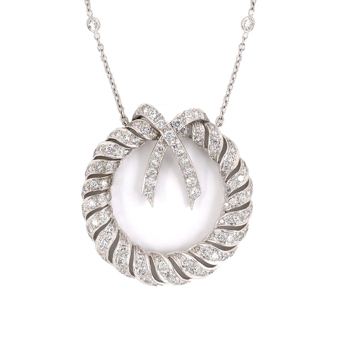 Estate Diamond Bow Wreath Pendant Necklace