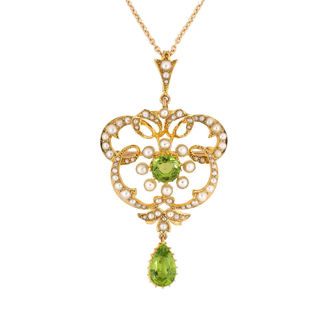 Estate Victorian Peridot & Pearl Swirl Floral Pin Pendant Necklace