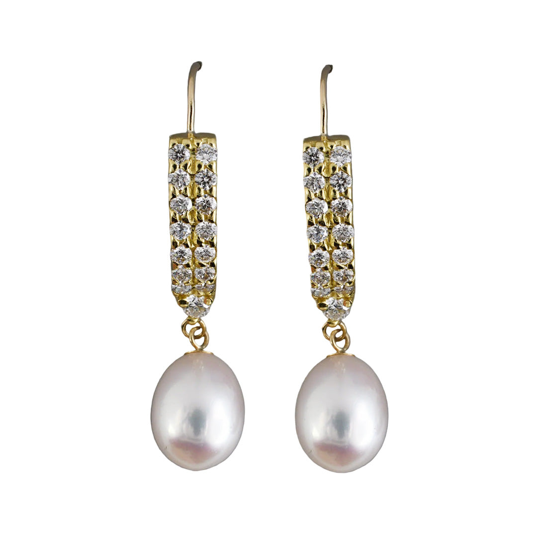Estate Two-Row Diamond & Pearl Drop Earrings