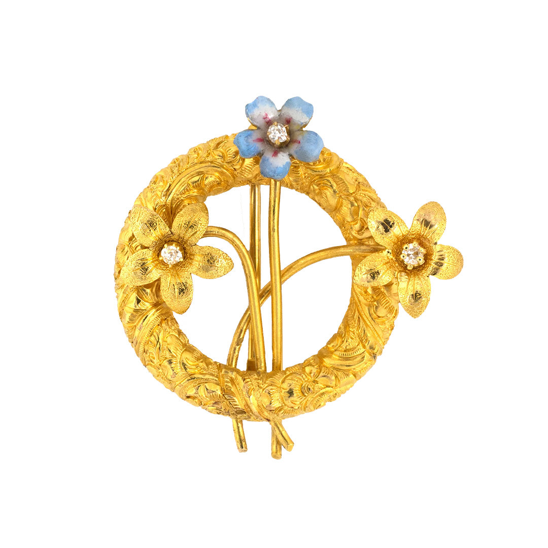 Estate Victorian Diamond & Enamel Floral Wreath Pin