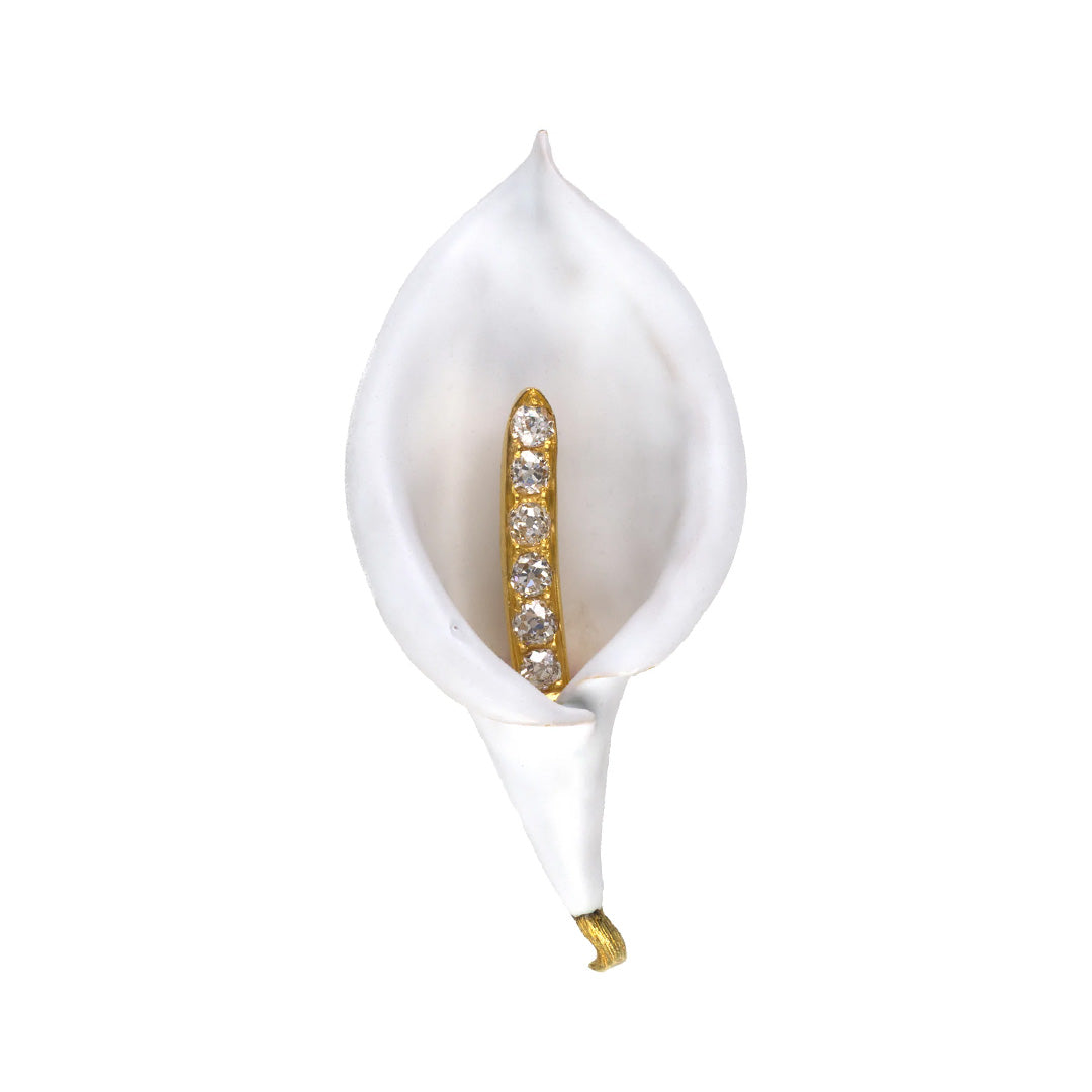 Estate Victorian Diamond & White Enamel Calla Lily Pin