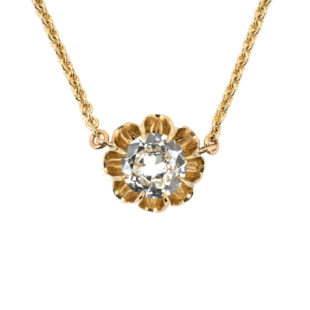 Estate Diamond Solitaire Scalloped Pendant Necklace