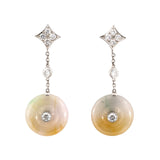 Diamond & Mottled Translucent Jadeite Pi Disc Drop Earrings