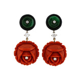 Estate Coral Flower, Green Jadeite & Diamond Drop Earrings