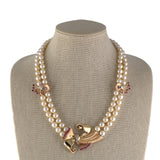 Retro Diamond & Ruby Bow & Akoya Pearl 2-Strand Necklace