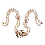 Retro Diamond & Ruby Bow & Akoya Pearl 2-Strand Necklace