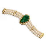 Estate White Akoya Pearl, Green Jade & Diamond Three-Strand Bracelet