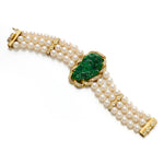 Estate White Akoya Pearl, Green Jade & Diamond Three-Strand Bracelet
