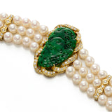 White Akoya Pearl, Green Jade & Diamond Three-Strand Bracelet