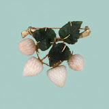 Coral Strawberry & Nephrite Green Jade Leaf Pin