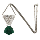 Art Deco Emerald & Diamond Drop Pendant Necklace