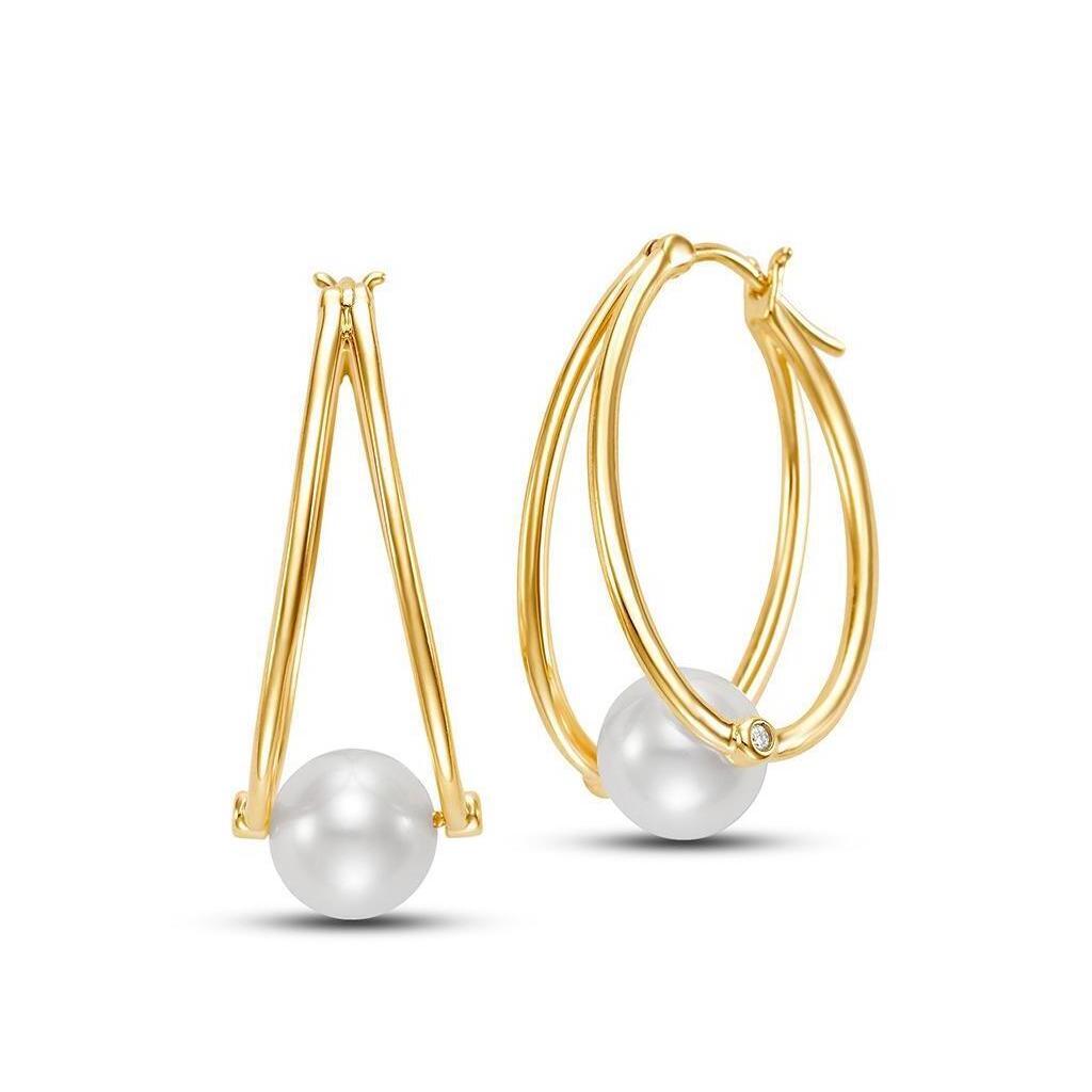 Pearl & Triangle Cage Gold Hoop Earrings