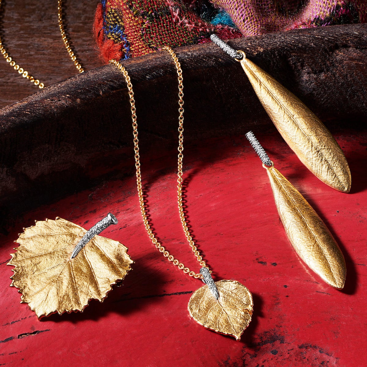 Gold Poplar Leaf & Diamond Brooch