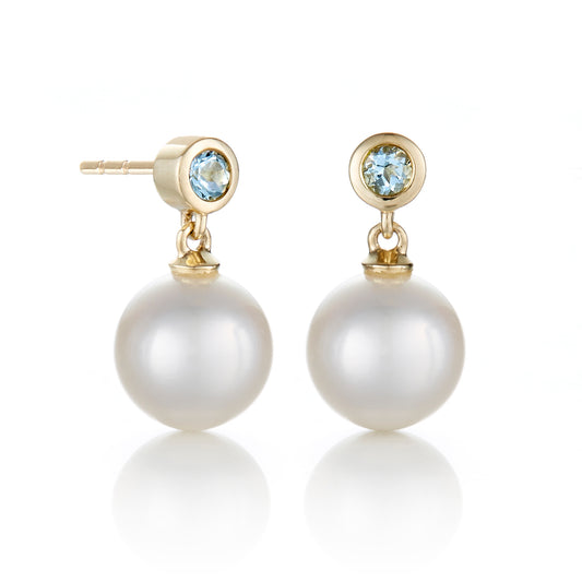 Aquamarine & White Pearl Drop Earrings
