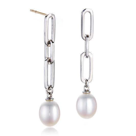 Pearl & Silver Link Drop Earrings